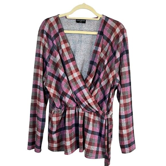 Lane Bryant Top Women 18 Pink V Neck Gray Plaid Pullover Peplum Tie Waist Soft - Picture 1 of 11